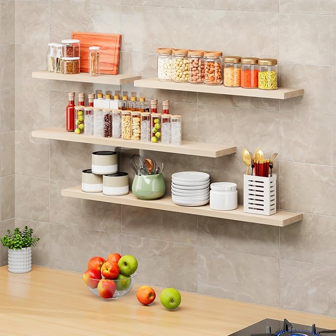SAUMONIERES Floating Shelves 8 Inch Deep Solid Wood Wide Wall Shelf Set of 2 Wall Mounted for Bedroom Bathroom Living Room Kitchen, 36 Inch Natural