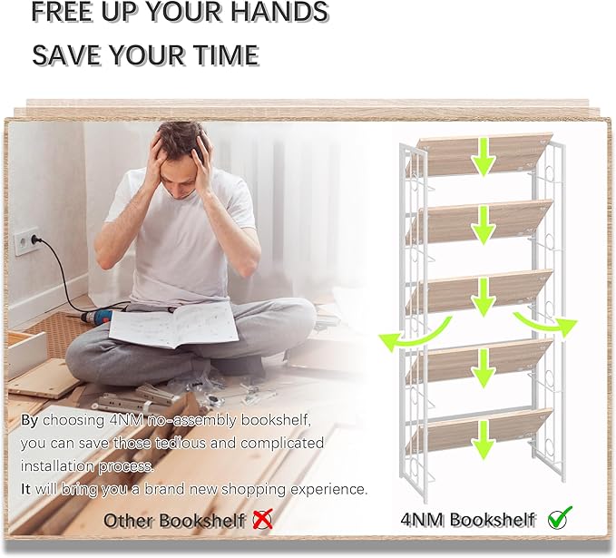 4NM No Assembly 5 Tiers Folding Bookshelf, 59.4" H Foldable Storage Shelves Vintage Bookcase Standing Racks Study Organizer Home Office - Natural White