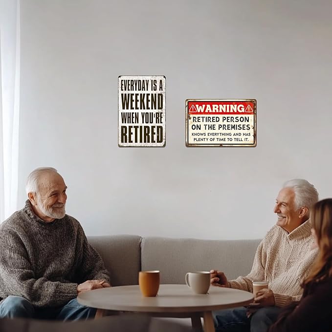 Retirement Signs - Funny Retirement Gifts for Men Vintage Warning Retired Person On Premises Metal Tin Sign for Happy Retirement Party Door Decor Retired Yard Gifts for Women 8x12 Inch