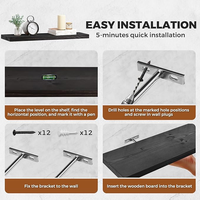 Floating Wall Shelves 2-Pack - 24-Inch Rustic Black Wooden Shelves for Storage and Décor, Easy Installation for Living Room, Bedroom, and Kitchen