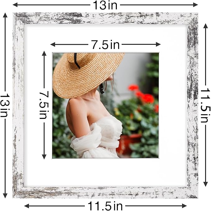 Vittanly 12x12 Picture Frames Set of 9, Shatter Resistant Plexiglass, Display 8x8 Pictures with Mat or 12x12 without Mat, Photo Frames for Wall Mount, Engineered Wood, Distressed White