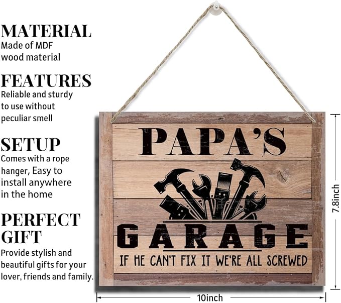 Rustic Sign, Father's Day Gift, Dad's Gift, Grandpa's Gift, Decor Hanging Wood Signs, Printed Wood Wall Art Sign, Papa's Garage, If He Can't Fix It We're All Screwed, Vintage Sign Gift for Grandpa