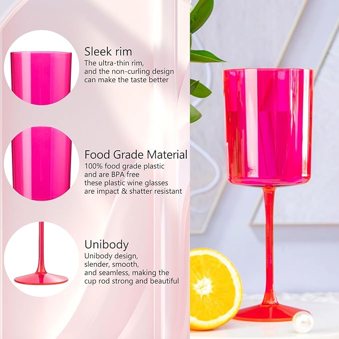 Ciaell 12 Pack Plastic Wine Glasses - 10Oz Hot Pink Plastic Wine Glasses With Stem - Disposable Stemmed Cups for Parties & Weddings