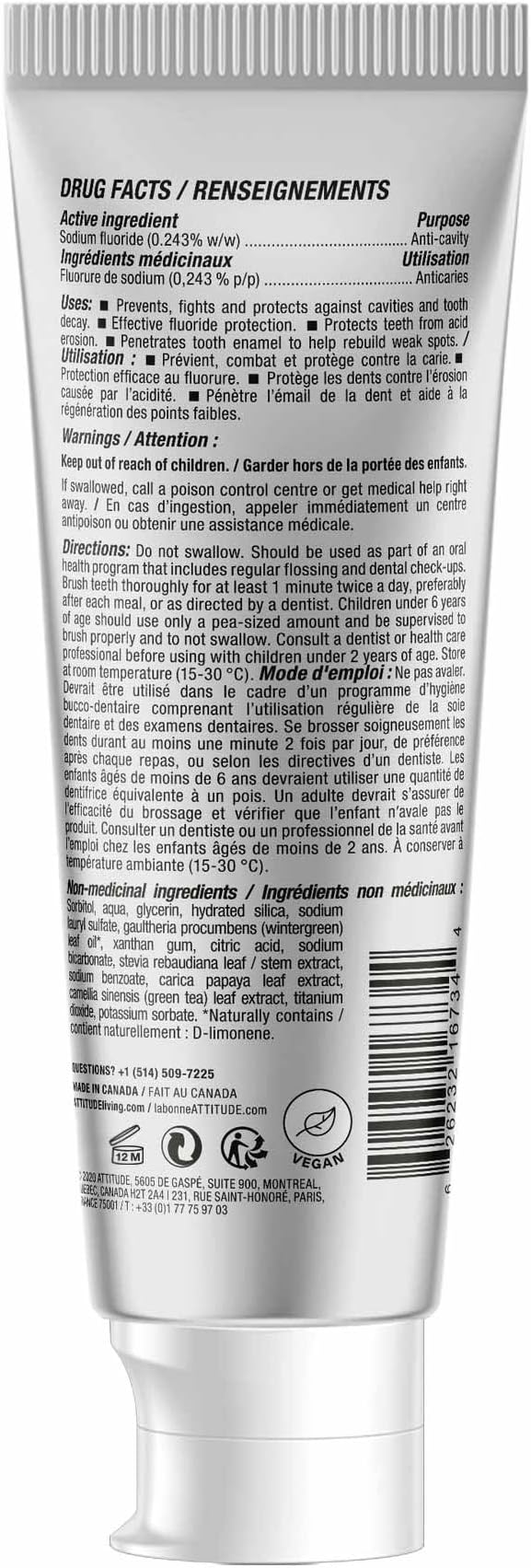 ATTITUDE Enamel Repair Toothpaste with Fluoride, Spearmint Flavor, Vegan & Cruelty-Free, Sugar-Free, Plant & Mineral-Based Ingredients, Clean Oral Care, 4.2 Oz