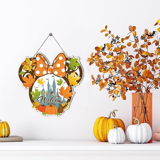 Fall Mouse Welcome Door Sign, Wooden Maple Leaves Mushroom Hanging Decor for Front Door, Fall Wood Wreath Wall Decor for Autumn Harvest Thanksgiving Home Decorations, Housewarming Gift