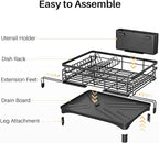 Dish Drying Rack - Extendable Dish Rack, Large Sink Drying Dish Drainer for Kitchen Counter, Stainless Steel Dish Strainer with Utensil Holder (Black)