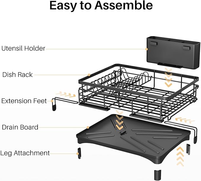 Dish Drying Rack - Extendable Dish Rack, Large Sink Drying Dish Drainer for Kitchen Counter, Stainless Steel Dish Strainer with Utensil Holder (Black)
