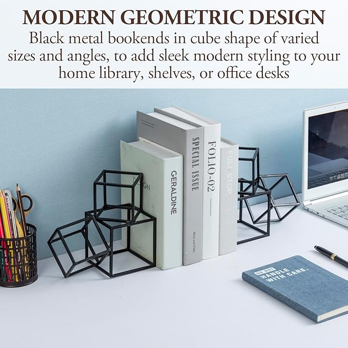 MyGift Modern Matte Black Metal Geometric Bookends in 3 Cube Frame Design, Decorative Book Stands for Home Library Bookshelf Office Desk, 1 Pair, Handcrafted in India