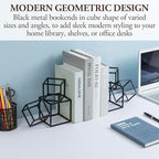 MyGift Modern Matte Black Metal Geometric Bookends in 3 Cube Frame Design, Decorative Book Stands for Home Library Bookshelf Office Desk, 1 Pair, Handcrafted in India