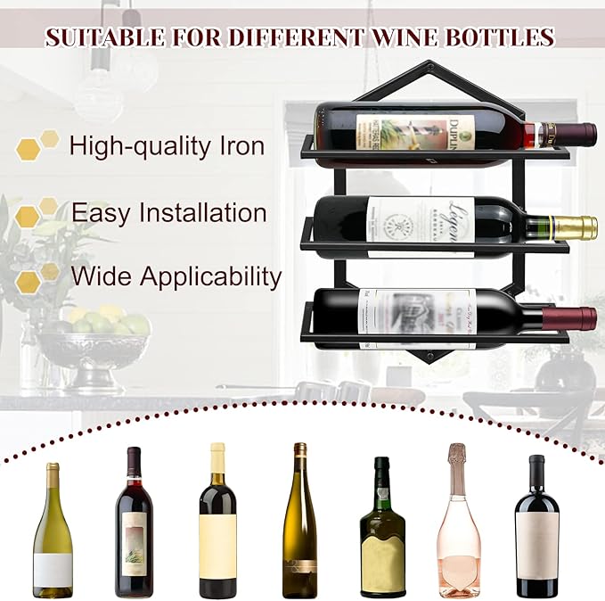 2Pcs Wall Mounted Wine Stemware Rack, Metal Hanging Wine Glass Display Holde Holds 3 Bottles, Elegant Storage for Kitchen Dining Room Bar Wine Cellar