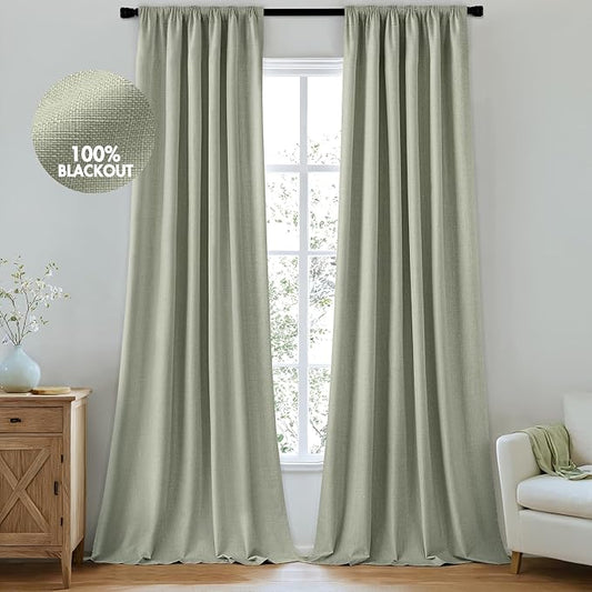 MIULEE 100% Blackout Curtains 84 Inch Long 2 Panels for Bedroom, Thick Luxury Faux Linen Black Out Curtain Room Darkening Back Tab Pleat Window Textured Drapes with Hooks for Living Room, Sage Green