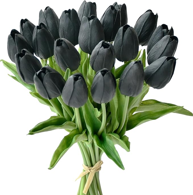 Mandy's Artificial Tulips 20 Stems Black PU Faux Flowers for Wedding Home Decor 13.5 Inch