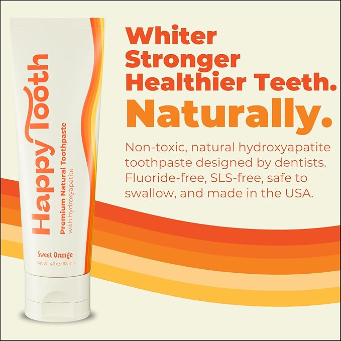 Happy Tooth Hydroxyapatite Toothpaste, Fluoride Free, Natural Whitening for Kids, Toddlers and Adults, SLS Free, Enamel Safe, Dentist Formulated with Clean Ingredients, Sweet Orange Flavor, 3.4oz