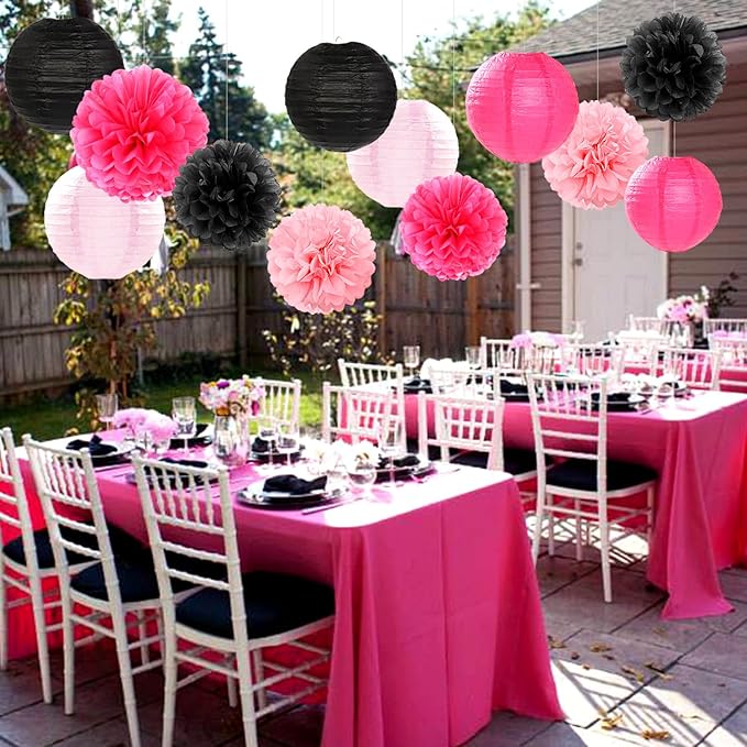 Hot-Pink Black Party-Decorations Paper Flowers Lanterns - 15PCS Graduation Birthday Tissue Pom Poms Streamers,Baby Girl Women Bachelorette Hanging Supplies Decor Hugfond