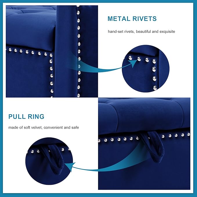 Storage Ottoman Bench, Velvet Upholstered Footstool for Bedroom and Living Room, Tufted Seat with Storage, Wooden Legs & Metal Rivets, Dark Blue