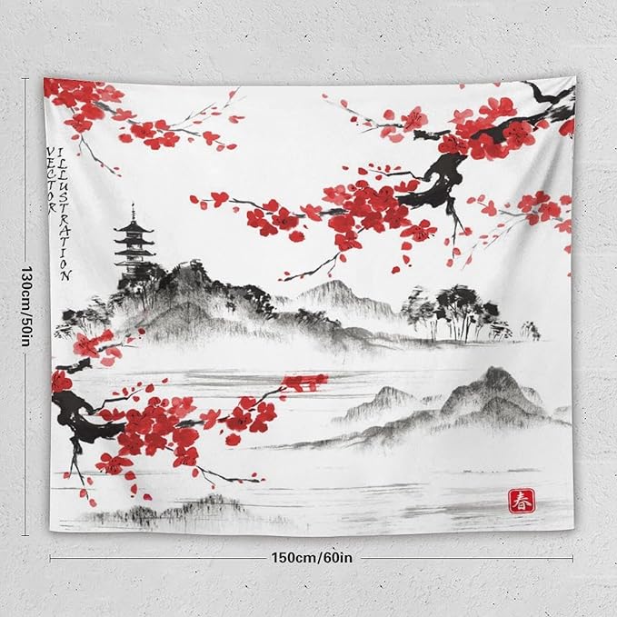 Cherry Blossoms Tapestry, Japanese Fuji Mountain Tapestry, Asian Japanese Wall Tapestry, Nature Landscape Tapestries for Bedroom Living Room Decor 60"x50"