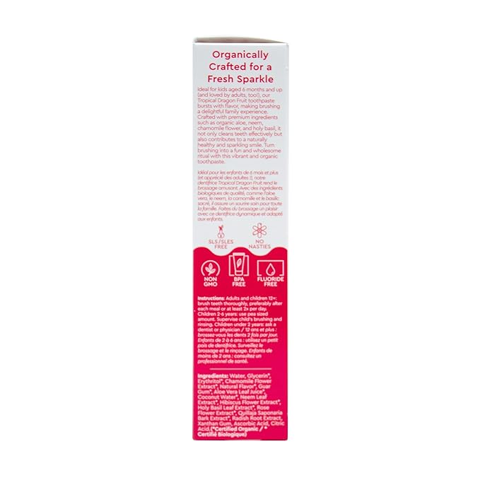 RADIUS USDA Organic Kids Toothpaste 3oz Non Toxic Chemical-Free Gluten-Free Designed to Improve Gum Health for Children's 6 Months and Up - Dragon Fruit - Pack of 6