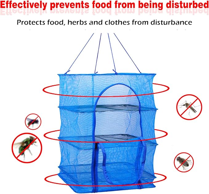 Drying Rack 4 Layers Folding Mesh, Foldable Nylon Netting, Hanging Drying Net, for Shrimp, Fish, Fruit, Vegetables, Herb, with Zipper Opening - Blue (25.59X13.78X13.78 in)