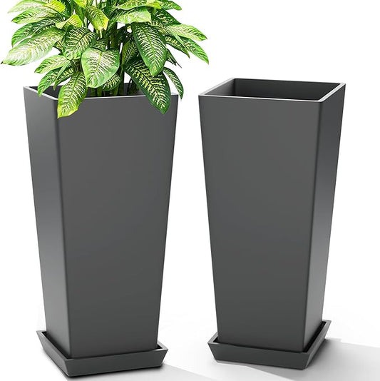 FENCY Set of 2 Tall Planters for Outdoor Plants, 24 Inch Large Tapered Pots with Drainage Trays, Weather-Resistant Plastic Plant Containers for Patio, Porch, Garden, Front Door Decor,Gray