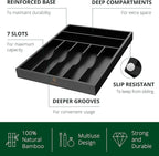 ROYAL CRAFT WOOD Luxury Bamboo Kitchen Drawer Organizer - Silverware Organizer - Utensil Holder and Cutlery Tray with Grooved Drawer Dividers for Flatware and Kitchen Utensils (7 Slot, Black)