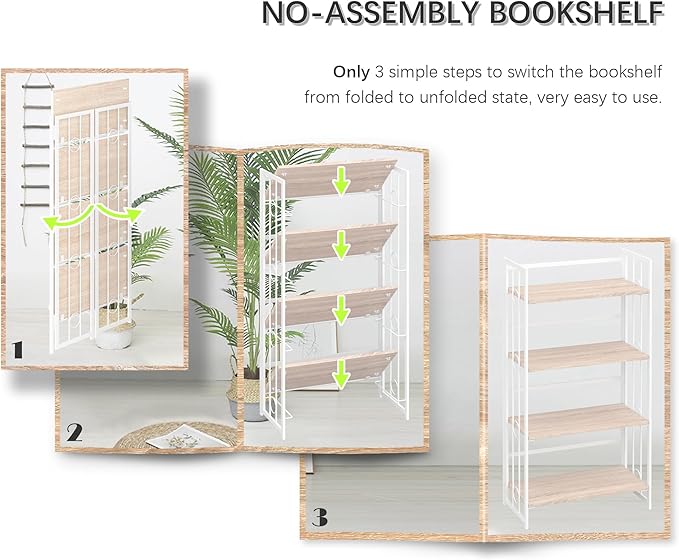 4NM No Assembly 4 Tiers Folding Bookshelf, 47.2" H Foldable Storage Shelves Vintage Bookcase Standing Racks Study Organizer Home Office - Natural White