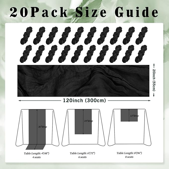 10FT 20 Pack Black Cheesecloth Table Runner 20 x 120 Inch Long Boho Fabric Rustic Cheese Cloth Table Runner for Wedding Bridal Shower Baby Shower Gauze Sheer Birthday Party Table Decorations