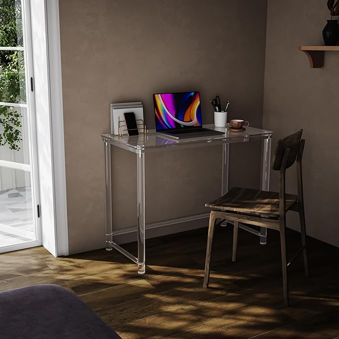 HMYHUM Acrylic Desk, Clear Desk for Home Office for Laptop, Study, Writing, Vanity Table with Cylindrical Legs, Modern, Easy Assembly, 39.4" L x 19.7" W x 29.5" H
