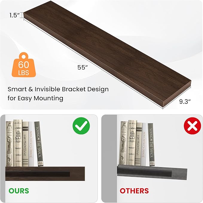 Floating Shelves for Wall, 55"W x 9.3"D x 1.5"H, Long Wooden Wall Mounted Display Shelves with Invisible Brackets for Living Room, Bedroom, Bathroom, Kitchen Decor and Storage, Set of 1, Walnut