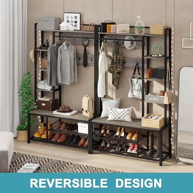 BON AUGURE Hall Tree with Bench and Shoe Storage, Entryway Bench with Coat Rack, Wooden Metal Coat Tree with Hooks, 5 in 1 Multifunctional Shoe Benches and Wall Rack (Dark Gray Oak)