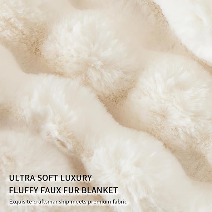 Cozy Faux Fur Throw Blanket for Bed-Warm Fuzzy Throw Blanket, Soft Plush Thick Bubble Blankets for Bedroom and Living Room, Furry Luxury Blanket, 90 x 108, Cream