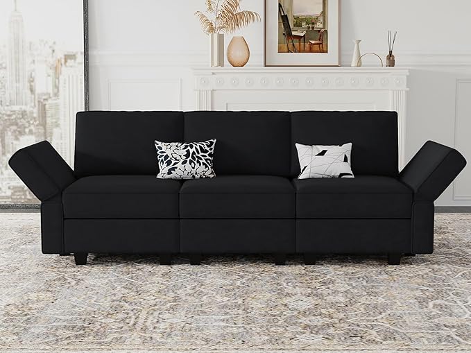Belffin Modular Sofa Couch with Storage Seats Velvet 3 Seater Sofa for Living Room Black