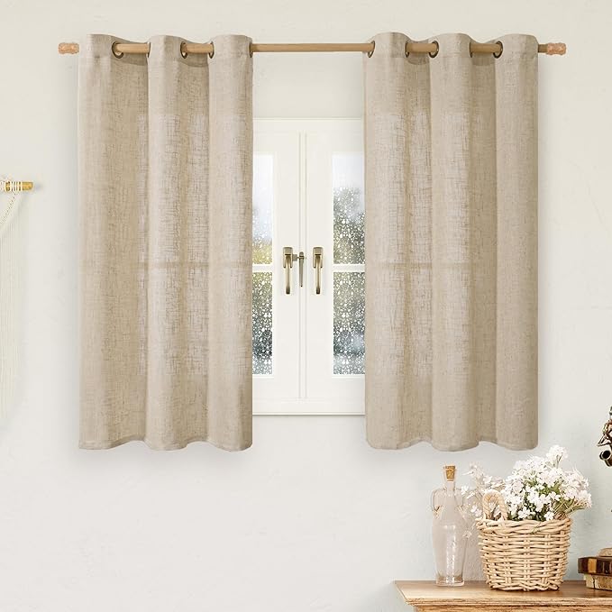 LAMIT Short Linen Curtains 45 Inch Long 2 Panels for Kitchen, Brown Light Filtering Panels Bronze Grommet Burlap Textured Window Drapes for Cafe/Windows/Dining Room, 34 x 45 Inch