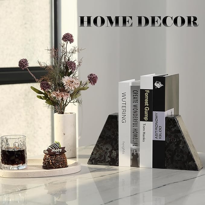 Marble Bookend for Heavy Books, Decorative Bookends for Shelves, Durable and Heavy-Duty Book End for Hardback Book & CDS, Unique Book Stopper & Holder, Meteorus, Set of 2