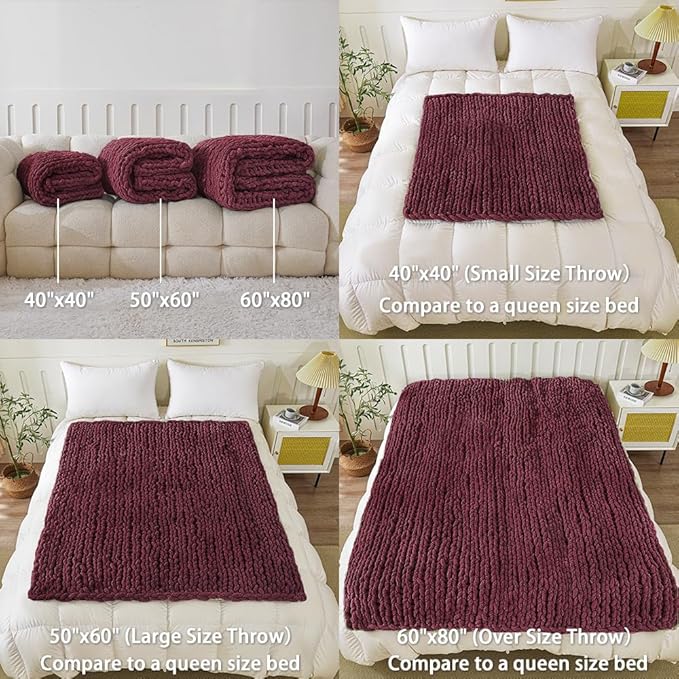 WESHIONGOO Chunky Knit Blanket Throw 50"×60" Knitted Throw Blankets for Couch Bed Fluffy Soft Blanket with Jumbo Chenille Yarn Thick 100% Handmade(Burgundy Red)