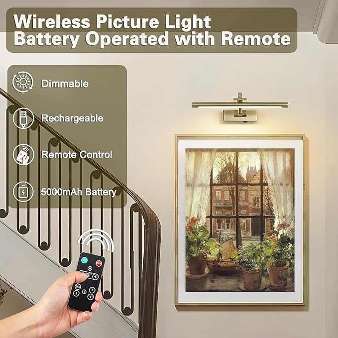 Wireless Picture Lights Rechargeable Gallery Lighting Battery Picture Frame Light with Remote and Timer, Adjustable Art Light for Paintings, Portraits, Antique Bronze Finish 16'' Inch 3W 2700K