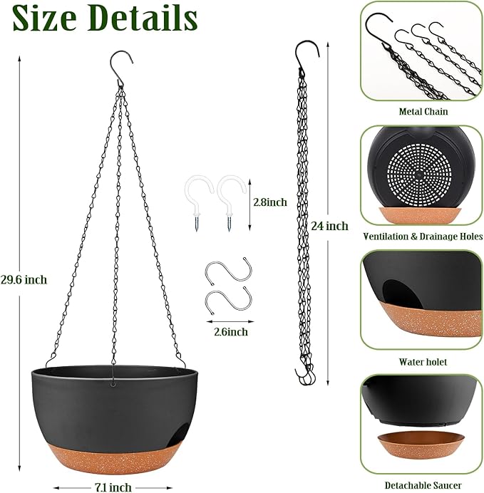 Hanging Planters for Outdoor Indoor Plants, 2 Pack 12 Inch Hanging Basket Plants Outdoor, Self Watering Hanging Planter with Plant Hanger for Garden Home Decoration (Black)