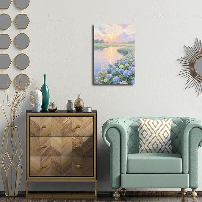The hydrangea scenery all over the lake at sunset is suitable for posting in the living room bedroom office landscape poster wall painting