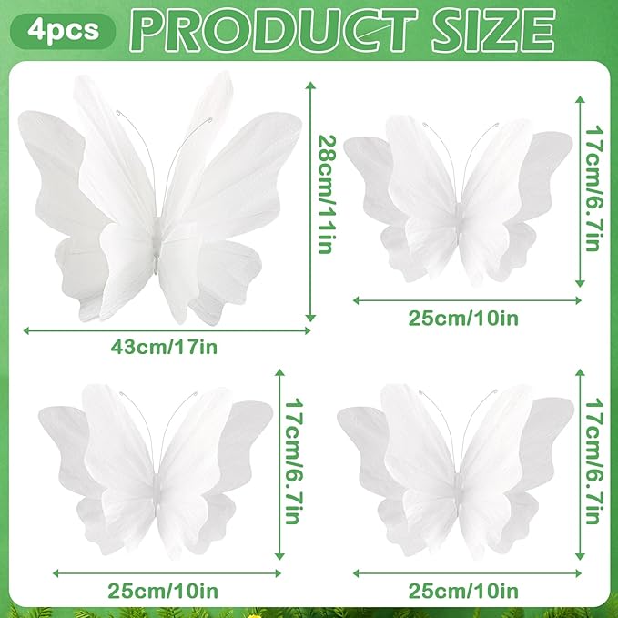 SUNBEAUTY Large Butterfly Party Decorations, 3D White Paper Butterflies Wedding Decoration, Hanging Butterflies for Baby Shower Decorations Girls, Women, Paper Flowers for Wall Decoration, Set of 4