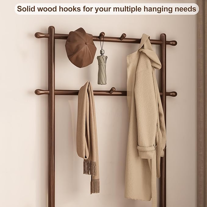 Hall Tree, Coat Rack with Shoe Storage, Wooden Hall Tree with Bench, 11 Hooks and 2-Tier Storage Shelves, Entryway Bench with Coat Rack (31.5" - Deep Walnut)