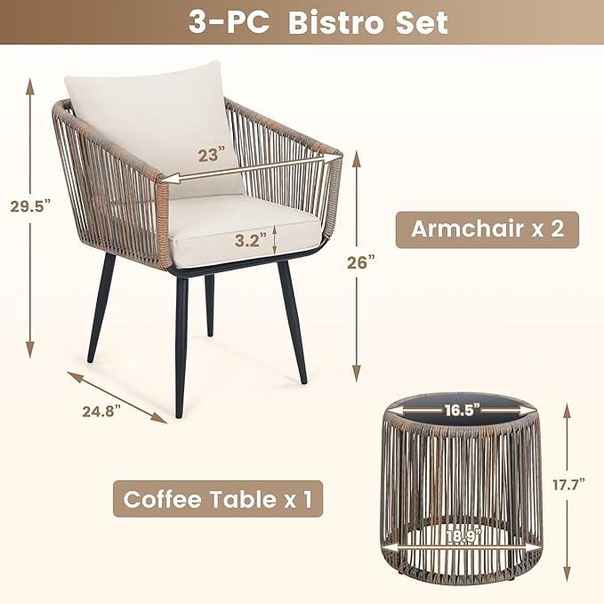 Kromax 3 Pieces Patio Rattan Bistro Conversation Set, Outdoor All-Weather Wicker Furniture Chairs and Side Table Set Ideal for Balcony, Porch and Backyard, Beige