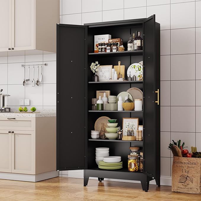 71" H Metal Kitchen Pantry Storage Cabinet, Freestanding Cupboard with 2 Doors and 4 Adjustable Shelves, Standing Storage for Kitchen, Bathroom, Garage, Dinning Room or Utility Room（Black）