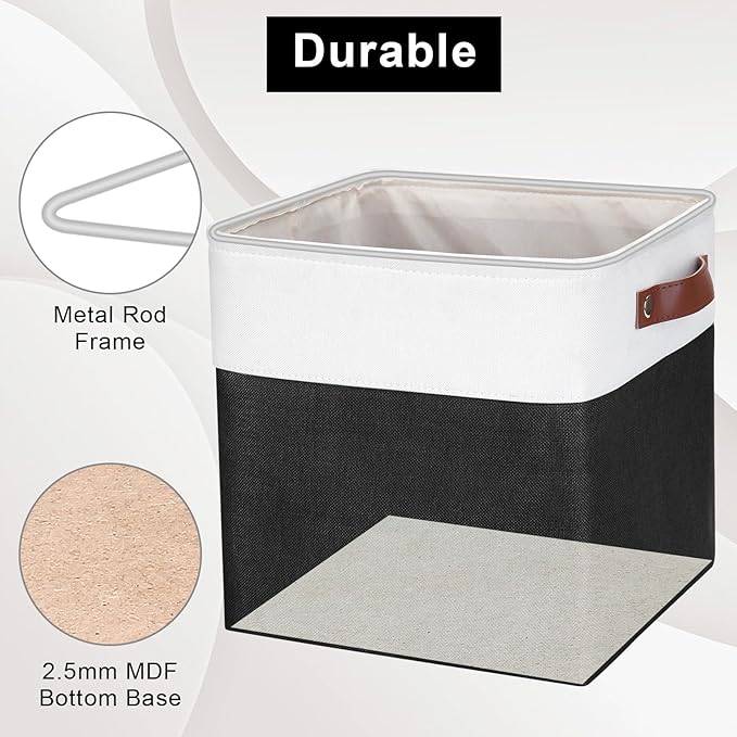 Collapsible Fabric Storage Cubes 11x11 Cube Storage Bins, 4 Pack Closet Baskets Box with Handles for Organizing, Shelf, Toys, Clothes, Home, Office, Nursery (Black&White)