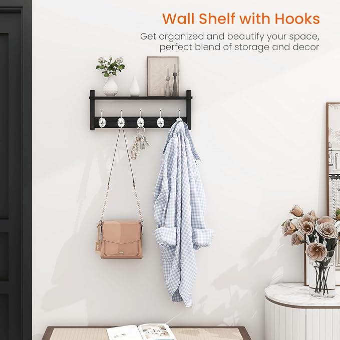 Homode Wall Coat Rack With Shelf, Wood Entryway Hanger With Hooks, Small Floating Pegs for Hanging Coats, Hats, Purses, Backpacks, Black