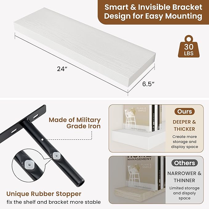fuqing Floating Shelves for Wall, Bathroom Shelf Wall Mounted for Storage, Shelves with Invisible Bracket for Bedroom, Kitchen, Living Room, Farmhouse Small Book Shelf, 24 Inch Set of 2, White