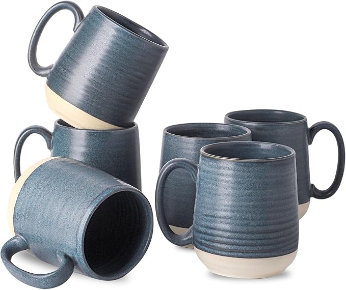 Hasense Porcelain Coffee Mugs Set of 6, 15 Ounce Large Ceramic Coffee Cups Set with Handle for Latte, Tea, Cocoa and Hot Chocolate, Dark Blue Coffee Mugs for Men and Women, Microwave Safe