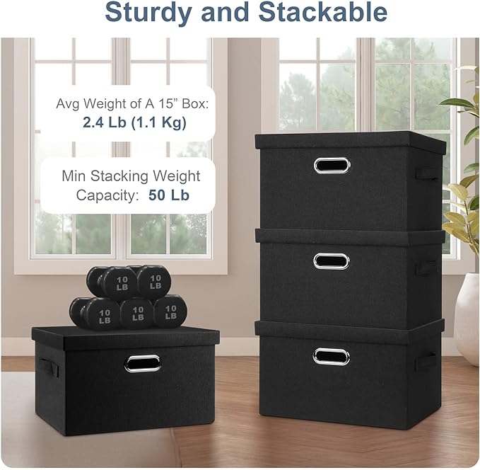 Medium 15" 21 Quart Collapsible Stackable Storage Bins with Lids, 5 Packs Black Foldable Fabric Closet Storage Boxes with Lids, Lidded Heavy-duty Linen Baskets(15x11x8)