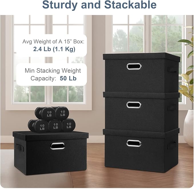 Medium 15" 21 Quart Collapsible Stackable Storage Bins with Lids, 3 Packs Black Foldable Fabric Closet Boxes Heavy-duty Lidded Linen Cube Basket Container Organizer and Storage for Bedroom