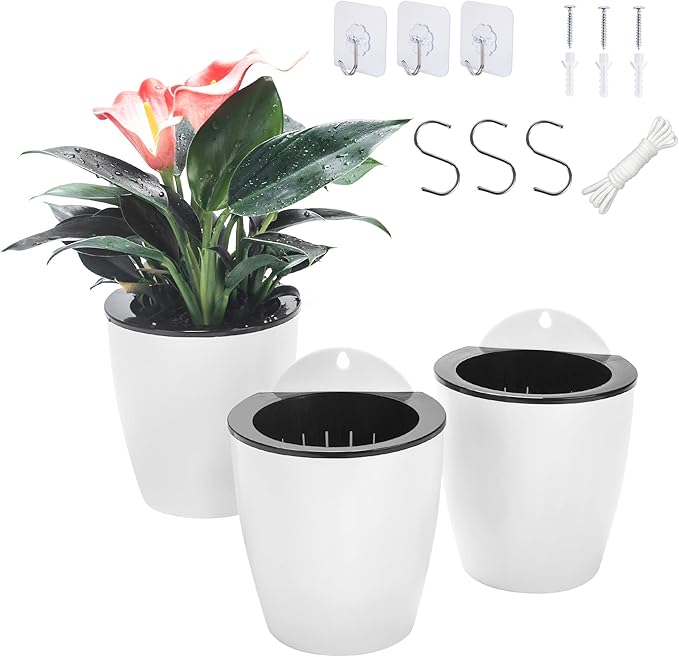 3 Pack Self Watering Wall Hanging Planter Pots Vertical Garden Window Hang Mount Indoor Outdoor Plant Flower Basket for Kitchen Herbs Balcony Railing Shelf Fence Bedroom Trellis Decor Modern White Box