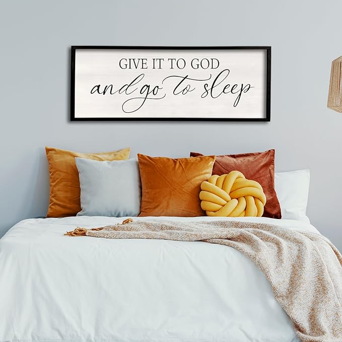comurdyo Give It To God And Go to Sleep Sign 40''×15'' Master Bedroom Above Bed Wall Decor Wood Framed Couple Large Farmhouse Guest Room Rustic Simple Over Bedside Wall Art Hanging Decor (Black)
