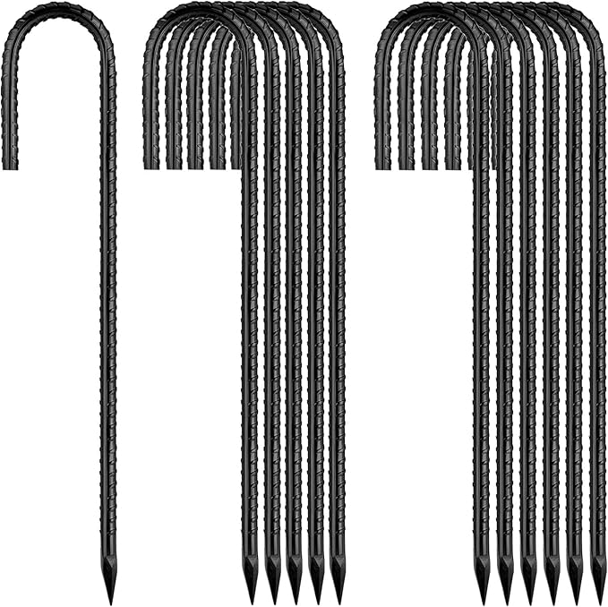 Rebar-Stakes-12-Inch, Ground Stakes Heavy Duty J-Hook Black Coated Anti-Rust Heavy Duty Ground Anchors for Garden Dog Fence Chicken Coop Christmas Decorations Deer Fence 12pcs